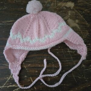 Handmade Pink Knit Pom Pom Earflap Hat Baby Size